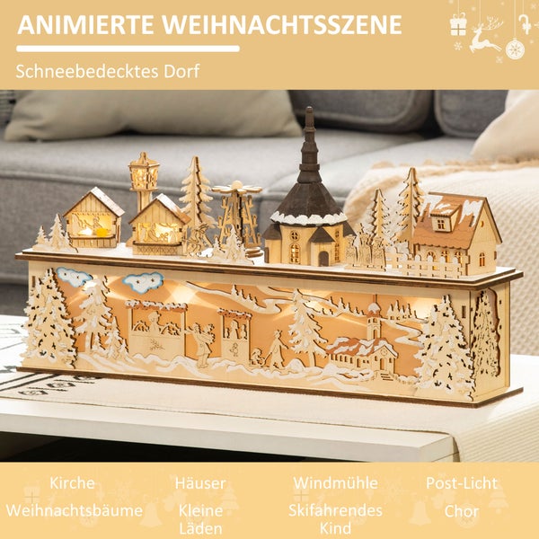 Beleuchtete animierte Weihnachtsszene aus Holz, schneebedecktes Dorf mit Kirche, Häusern, Windmühle, kleinen Läden und weihnachtlichen Figuren.