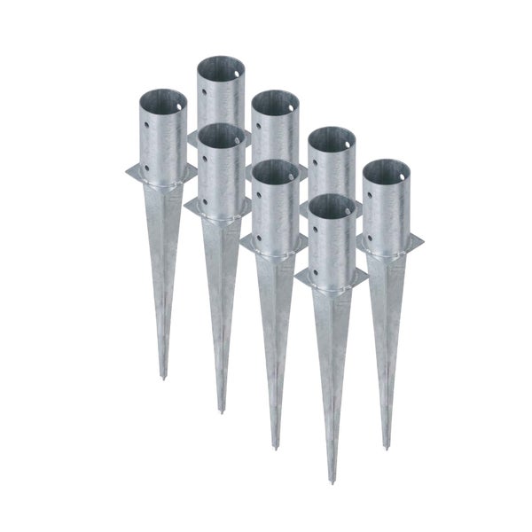 Set aus neun Einschlagbodenhülsen aus feuerverzinktem Stahl mit runder Hülse für Rundpfosten.
