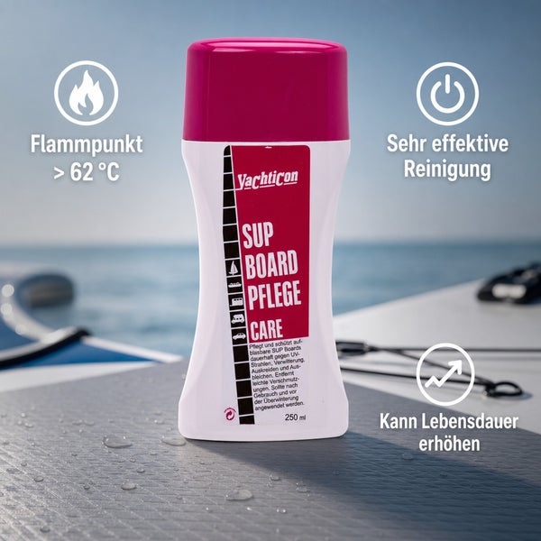 Yachticon SUP Board Pflege 250 Milliliter Flasche zur Reinigung und zum Schutz von aufblasbaren Stand Up Paddle Boards vor UV Strahlung.
