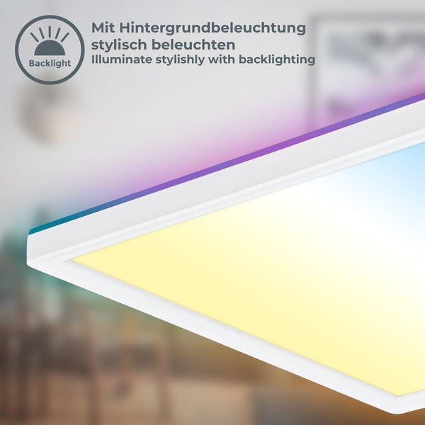LED Deckenpanel mit weißem Rahmen und Funktion für Hintergrundbeleuchtung.