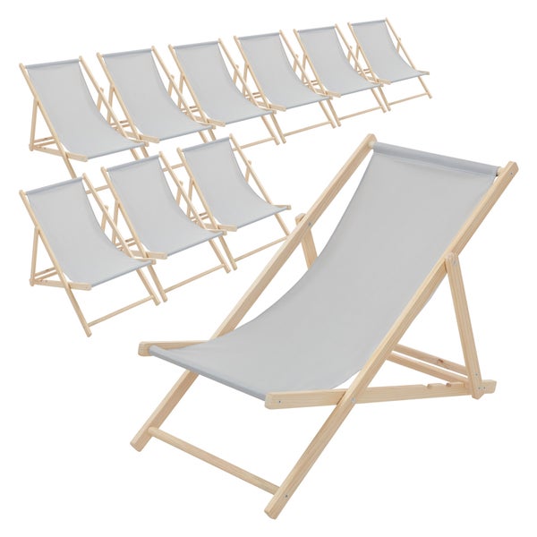 Set aus neun klappbaren Liegestühlen mit Holzgestell und grauem Stoffbezug.