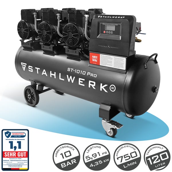 Stahlwerk ST-1010 Pro Flüsterkompressor mit 120 Liter Tankvolumen und 10 Bar Arbeitsdruck