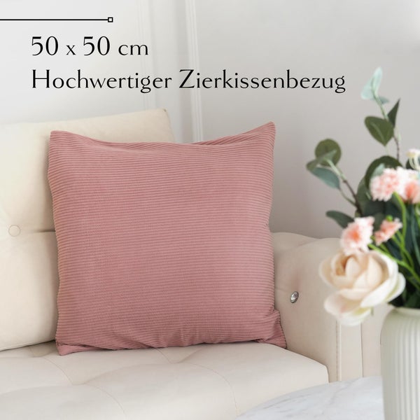 Cord Kissenbezug 50x50 - 4er Kordsamt Weiche Kissenbezüge 50x50 - Dekokissen Sofakissen - Kord Kissenhüllen 50x50 cm - Sofa Kissenbezug Cord - Kissen Deko Kissenbezug 50x50 Rosa