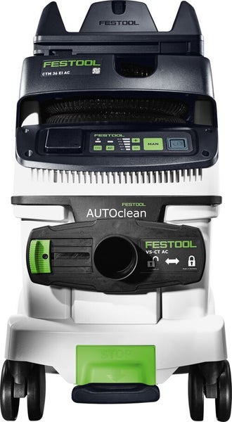 Festool Absaugmobil Cleantec mit Saugschlauch, Bedienfeld und Rollen für Baustellen und Werkstatt.
