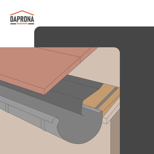 Daprona Logo und Illustration der Installation eines Traufblechs an einem Hausdach über der Dachrinne.