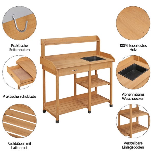 Gartentisch mit Spülbecken, Schublade und Ablageflächen aus Holz