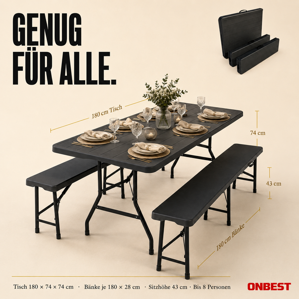 Dreiteilige Klappgarnitur von ONBEST mit Tisch 180 mal 74 mal 74 Zentimeter und zwei Bänken für bis zu acht Personen. ONBEST Logo.