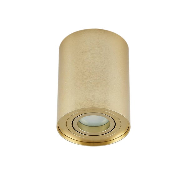 Zylindrischer Deckenaufbaustrahler aus Metall in Messing gebürstet mit schwenkbarem Leuchtmitteleinsatz.