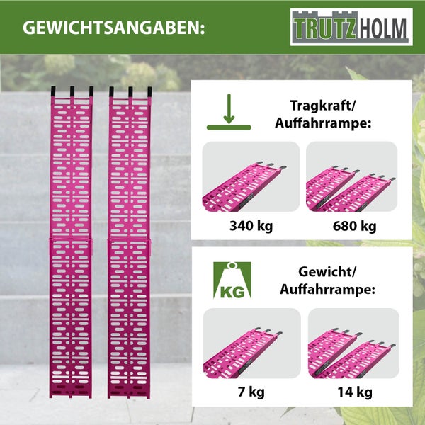 TRUTZHOLM 2 x Auffahrrampen klappbar 228 cm Traglast 680 kg Alu pink gelocht Rampen Motorradrampen