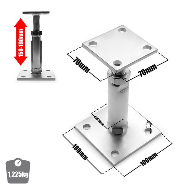 Verstellbare Pfostenstütze mit den Maßen 150 bis 190 mm, 70 mm und 100 mm sowie einer Traglast von 1225 kg