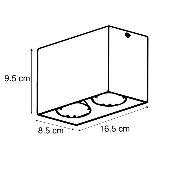 Schema einer Wandbox mit den Maßen 9,5 cm Höhe, 8,5 cm Breite und 16,5 cm Länge