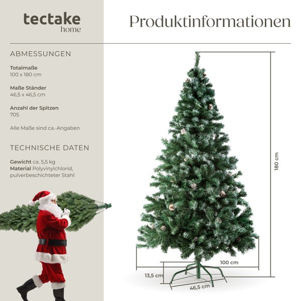 Produktinformationen zu einem künstlichen Tannenbaum mit Angaben zu Maßen und Material