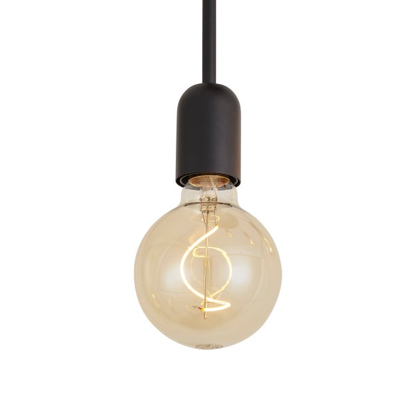 Schwarze Pendelleuchte mit leuchtendem, spiralförmigem LED-Filament-Leuchtmittel in Globe-Form.