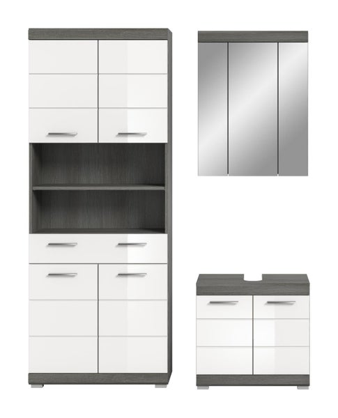 Badezimmermöbel-Set mit Hochschrank, Waschbeckenunterschrank und Spiegelschrank in Hochglanz Weiß und dunkler Holzoptik.