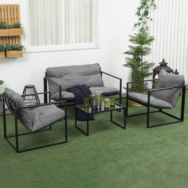 Outsunny Gartenmöbel Set 4 Personen Stahl wetterfest Balkonmöbel-Set mit 2er Sofa, Sessel Glastisch Sitzkissen Outdoor Sitzgruppe Terrassenmöbel Gartengarnitur für Garten Terrasse Balkon Grau+Schwarz
