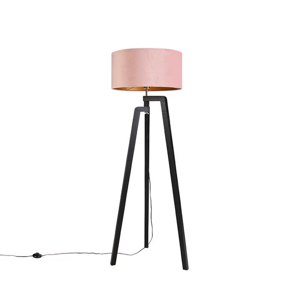 QAZQA - Landhaus I Vintage I Rustikal Stehlampe Stativ schwarz mit rosa Schirm und Gold I Messing 50 cm - Puros I Wohnzimmer I Schlafzimmer - Holz Zylinder I Länglich I Rechteckig - LED geeignet E27