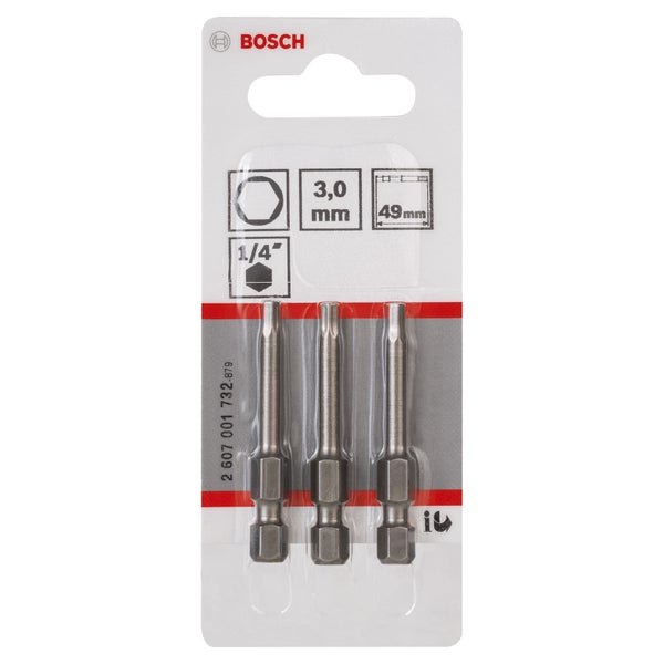 Bosch Logo. Packung mit drei 3,0 Millimeter Innensechsrund-Bits mit 1/4-Zoll-Antrieb und 49 Millimeter Länge