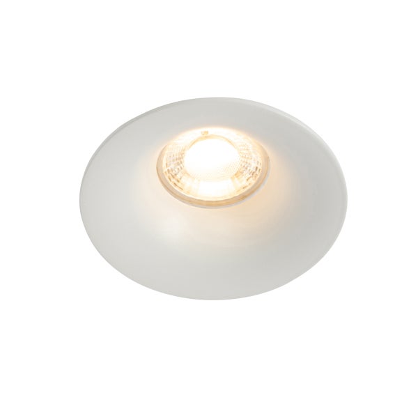 Runder LED Einbaustrahler in Weiß mit warmweißem Licht.