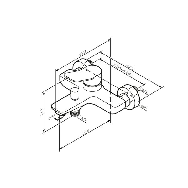 Technische Zeichnung einer Armatur mit Maßangaben
