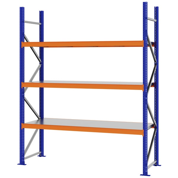 Schwerlastregal aus Metall mit blauen Staendern, orangefarbenen Traversen und drei Fachboeden fuer Lager und Werkstatt.