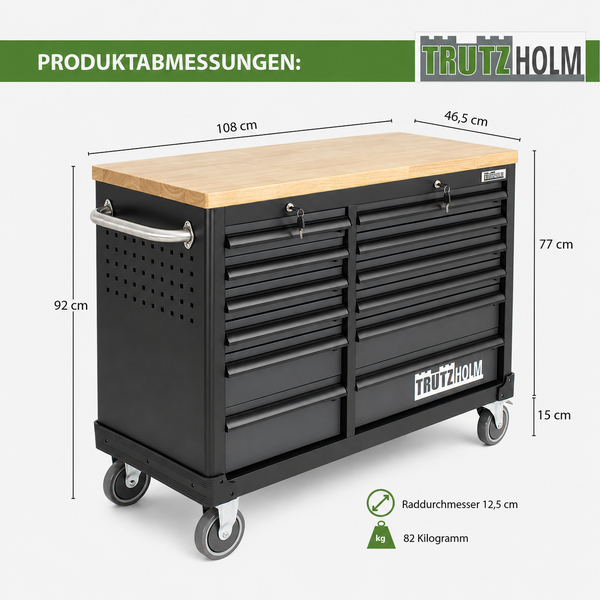 Trutzholm Werkstattwagen mit Holzplatte und Abmessungen: 108 mal 46,5 mal 92 Zentimeter. Gewicht 82 Kilogramm. Trutzholm Logo.