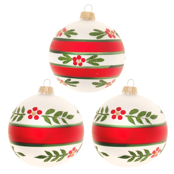 Drei Weihnachtskugeln mit Blumen- und Streifenmuster
