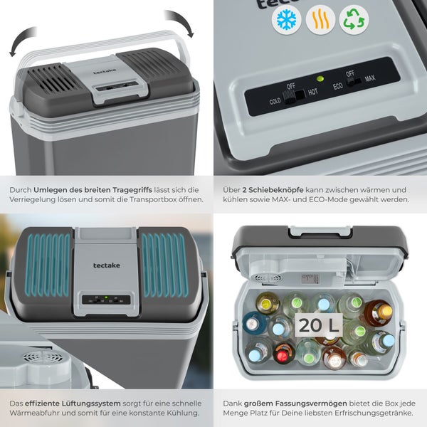 Elektrische Kühlbox von Tectake mit klappbarem Tragegriff, Steuerpanel für Kühlen und Wärmen, effizienter Belüftung und 20 Liter Stauraum.