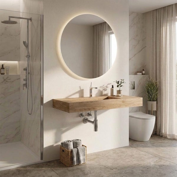 Helles, modernes Badezimmer mit rundem, hinterleuchtetem Spiegel, wandhängendem Holzwaschtisch und begehbarer Dusche mit Glaswand.