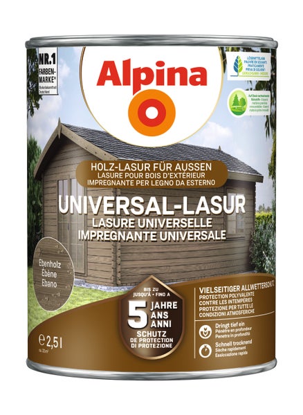 Dose Alpina Universal-Lasur für außen im Farbton Ebenholz, 2,5 Liter, Holzlasur mit 5 Jahren Wetterschutz.