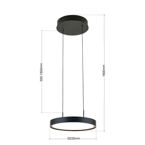 Abbildung einer Hängeleuchte mit den Maßen 300 bis 1650 Millimeter, 1800 Millimeter und 335 Millimeter Durchmesser.