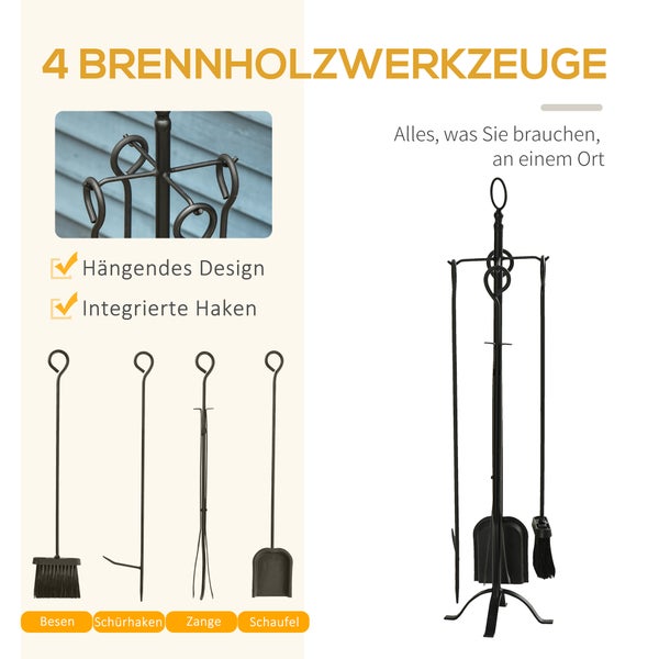Kamingarnitur mit Schaufel, Besen, Schürhaken und Zange auf Ständer