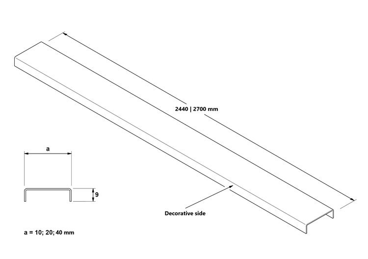 Abbildung eines U-Profils mit den Maßen 2440 oder 2700 Millimeter Länge, 9 Millimeter Höhe und 10, 20 oder 40 Millimeter Breite