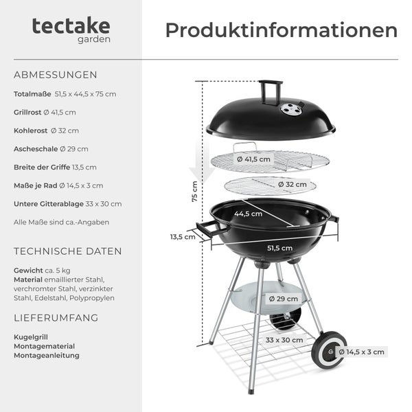 tectake garden Logo. Kugelgrill-Abmessungen: Höhe 75 Zentimeter, Breite 51,5 Zentimeter. Durchmesser für Grillrost, Kohlerost und Ascheschale.