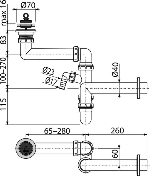 Technische Zeichnung eines Siphons für Spülbecken mit Maßen für die Montage