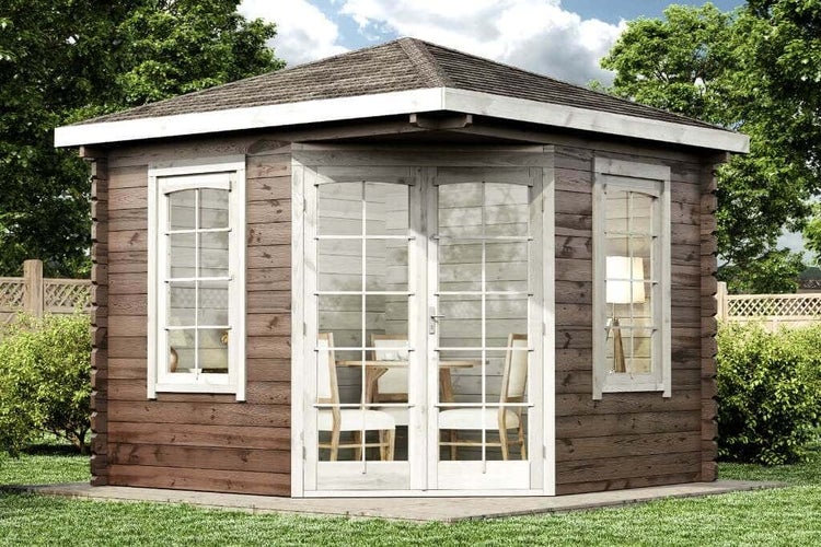 Alpholz 5-Eck Gartenhaus Victor-B 44 Iso Gartenhaus aus Holz in Pinie, Holzhaus mit 44 mm Wandstärke, Blockbohlenhaus mit Montagematerial imprägniert 3x3m