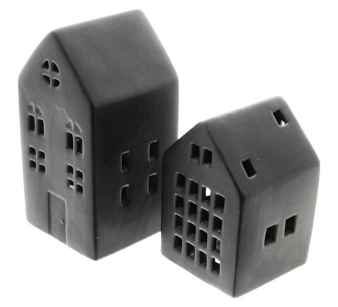 FRANK FLECHTWAREN | LED-Haus Black, 2er Set, PORZELLAN, KUNSTSTOFF, 7,5 x 7 x 11 cm, 8 x 8 x 15 cm,