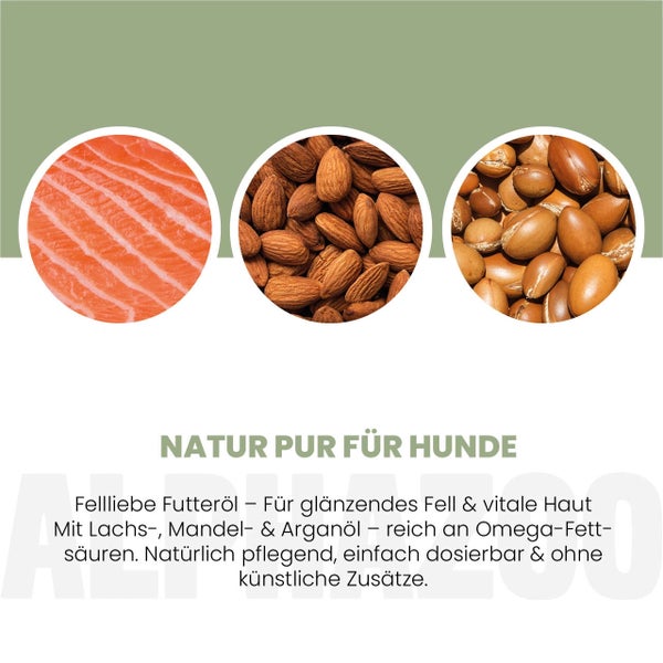Hundefutteröl mit Lachs, Mandeln und Arganöl für glänzendes Fell und gesunde Haut