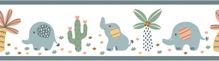 Tapetenbordüre für Kinderzimmer mit Motiven von Elefanten, Kakteen und Palmen in illustriertem Stil.