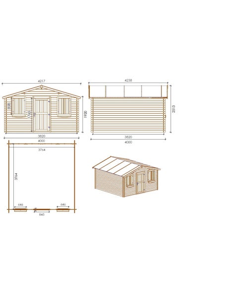 Maßzeichnung eines Gartenhauses aus Holz mit Frontansicht, Seitenansicht, Grundriss und 3D-Ansicht inklusive detaillierter Abmessungen.