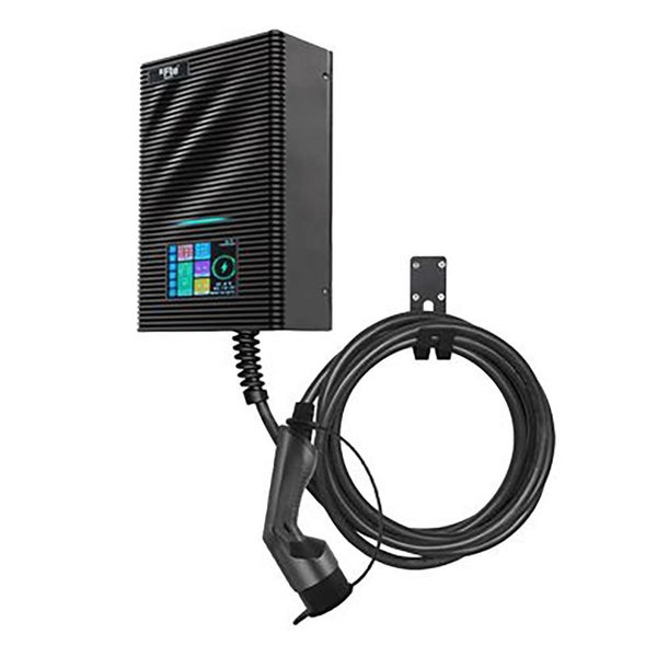 Wandladestation für Elektroautos mit Ladekabel und integriertem Display für die einfache Bedienung und Überwachung des Ladevorgangs