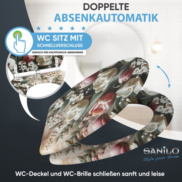 Sanilo WC Sitz mit Blumenmuster und Absenkautomatik sowie Schnellverschluss zum leichten Abnehmen per Knopfdruck.