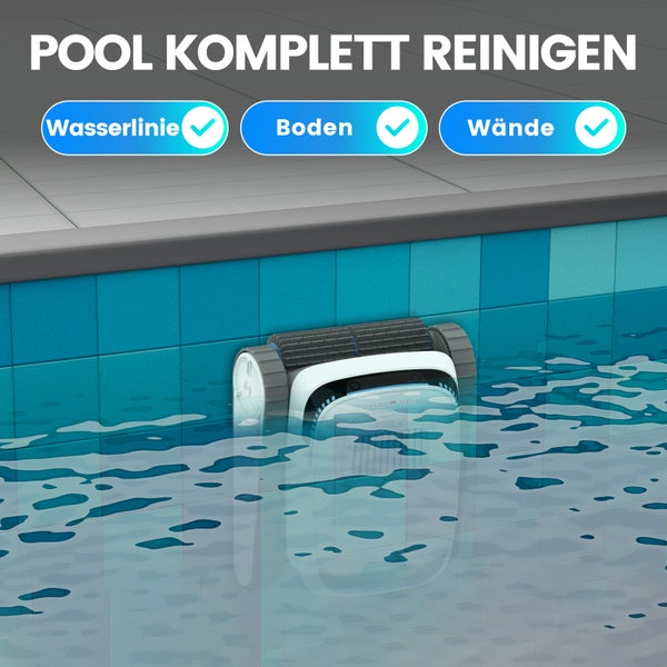 Poolroboter reinigt Wasserlinie, Boden und Wände eines gefliesten Schwimmbeckens.