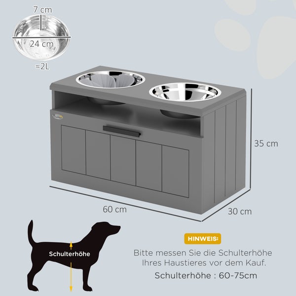 PawHut Hundenäpfe, Erhöhte Futterstation mit 2 Edelstahlschüsseln, Anti-Schling-Matte, Hundenapfständer mit 25L Stauraum, Fressnapf, Wassernapf für große und extra große Hunde, Grau