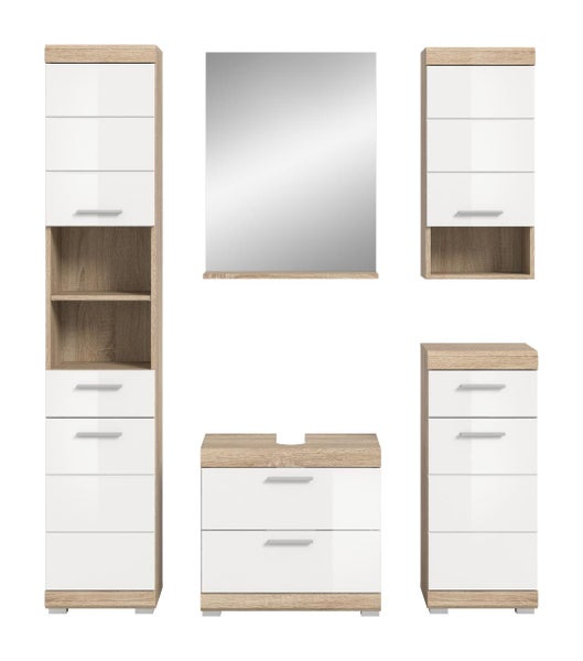 Fünfteiliges Badezimmermöbel-Set in Weiß Hochglanz und Eiche-Optik mit Hochschrank, Spiegel, Waschbeckenunterschrank und zwei Beischränken.