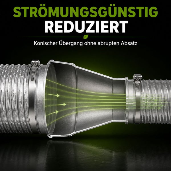 Strömungsgünstige konische Reduzierung für Lüftungsrohre mit Schlauchschellen ohne abrupten Absatz.