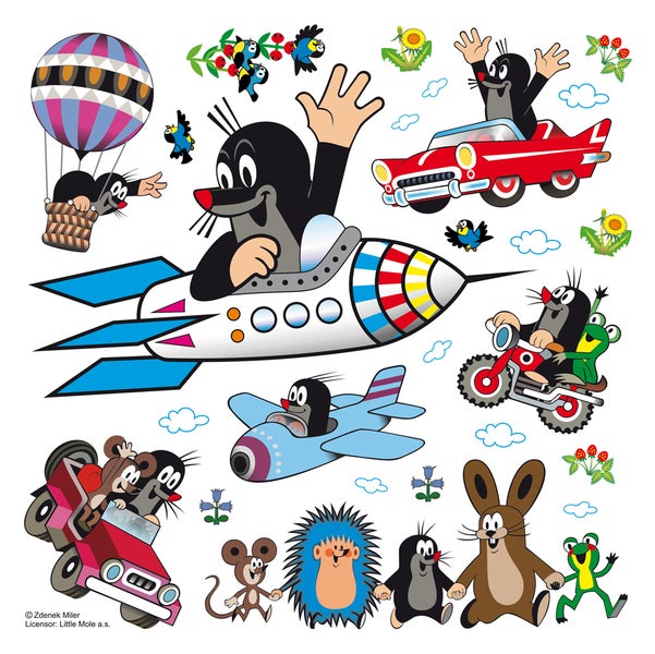 Illustration von Maulwurf-Figuren in verschiedenen Fahrzeugen wie Ballon, Rakete, Flugzeug, Auto und Motorrad