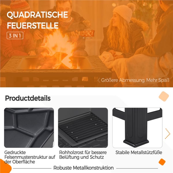 Quadratische Feuerstelle aus Metall mit Felsmusterstruktur, Holzrost und stabilen Metallfüßen für den Außenbereich.