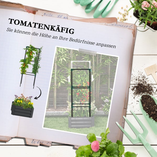 Höhenverstellbarer Tomatenkäfig für Pflanzen im Hochbeet umgeben von Gartenwerkzeug.