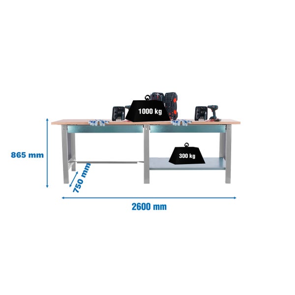 Werkbank BUFFALO WOOD mit 2x Schublade| HxBxT 86,5x260x75cm | Traglast 1000kg | Grau