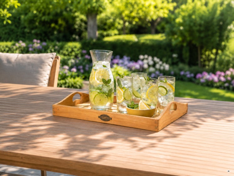 Holztablett auf einem hölzernen Gartentisch mit Glaskaraffe und Gläsern, gefüllt mit Wasser, Eis, Zitronenscheiben und Minze in einem hellen Garten.